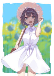 Rule 34 | 1girl, alternate costume, black hair, blurry, commentary request, dappled sunlight, depth of field, dress, flower, grey eyes, hat, hayasui (kancolle), kantai collection, looking at viewer, mitsuyo (mituyo324), open mouth, short hair, solo, straw hat, sun hat, sundress, sunflower, sunlight, white dress