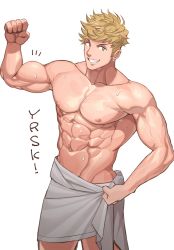 Rule 34 | 1boy, abs, bara, bare pectorals, biceps, blonde hair, dripping, flexing, granblue fantasy, green eyes, large pectorals, looking at viewer, male focus, muscular, muscular male, naked towel, navel, nipples, nullq (nullqllun), pectorals, sideburns, smile, solo, stomach, teeth, towel, towel around waist, vane (granblue fantasy), wet, wet face, wet hair, white background