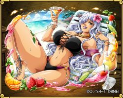 Rule 34 | 1girl, barefoot, beach, bikini, blue eyes, bracelet, breasts, chair, charlotte smoothie, cloud, curvy, drink, feet, glass, hair over one eye, holding, jewelry, large breasts, legs, lipstick, long hair, looking at viewer, lying, makeup, navel, necklace, ocean, official art, one piece, one piece: treasure cruise, outdoors, purple lips, sand, shiny skin, sky, smile, solo, stomach, swimsuit, tattoo, thick thighs, thighs