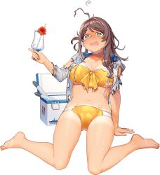 Rule 34 | 1girl, ahoge, akasaka yuzu, bare legs, barefoot, bikini, breasts, brown hair, chougei (kancolle), cleavage, collarbone, cup, drinking glass, front-tie bikini top, front-tie top, full body, holding, holding cup, jacket, kantai collection, large breasts, long hair, navel, official art, open clothes, open jacket, orange bikini, solo, stomach, sweat, sweatdrop, swimsuit, tan, tanline, tears, torn clothes, torn jacket, transparent background, two-tone bikini, water, white jacket