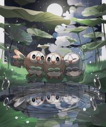 Rule 34 | alternate color, closed eyes, cloud, creatures (company), dew drop, full moon, game freak, gen 7 pokemon, highres, leaf, moon, night, nintendo, open mouth, outdoors, plant, pokemon, pokemon (creature), reflection, reflective water, reo (mmocc123), rowlet, water, water drop