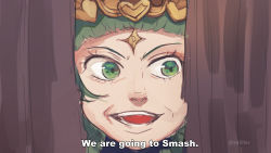 Rule 34 | 1girl, absurdres, artist name, broken door, close-up, comic, english text, fire emblem, fire emblem: three houses, green eyes, green hair, headpiece, here&#039;s johnny! (meme), highres, looking to the side, meme, nintendo, open mouth, parody, s4liller, solo, sothis (fire emblem), the shining, v-shaped eyebrows
