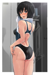 Rule 34 | 1girl, amagami, artist name, black eyes, black hair, black one-piece swimsuit, blurry, blurry background, border, breasts, competition swimsuit, depth of field, from behind, highleg, highleg swimsuit, highres, indoors, locker, locker room, looking at viewer, looking back, medium breasts, nanasaki ai, one-piece swimsuit, outside border, short hair, solo, standing, swimsuit, towel, towel around neck, two-tone swimsuit, wet, white border, yoo tenchi
