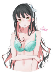 Rule 34 | 1girl, absurdres, black hair, blue bra, blush, bra, breasts, cleavage, cropped torso, haggy, hairband, highres, kantai collection, long hair, medium breasts, multicolored hair, naganami (kancolle), parted lips, pink hair, simple background, solo, twitter username, two-tone hair, underwear, upper body, wavy hair, white background, white hairband, yellow eyes