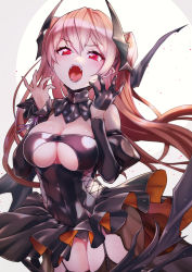 Rule 34 | 1girl, bat wings, black dress, black gloves, black thighhighs, breasts, commentary, cowboy shot, dress, fang, garter straps, gloves, highres, horns, johnston (kancolle), kantai collection, large breasts, light brown hair, long hair, official alternate costume, rampage 2nd, red eyes, simple background, single glove, solo, thighhighs, two side up, white background, wings