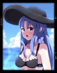 Rule 34 | 1girl, absurdres, bare shoulders, bikini, black bikini, black border, black hat, blue eyes, blue hair, blue sky, blurry, blurry background, blush, border, braid, breasts, cleavage, cloud, collarbone, commentary request, dated, day, depth of field, fate/grand order, fate (series), frilled bikini, frills, hat, highres, long hair, looking at viewer, medea (fate), medium breasts, open mouth, outdoors, pointy ears, sky, solo, sweat, swimsuit, upper body, water, yuya090602