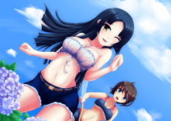 Rule 34 | 2girls, ;d, ahsiu, bad id, bad pixiv id, bandeau, belt, black hair, blue eyes, blue sky, breasts, brown eyes, cleavage, cloud, d:, day, denim, denim shorts, dutch angle, flower, highres, hose, hydrangea, looking at viewer, medium breasts, multiple girls, one eye closed, open mouth, original, outdoors, plant, short hair, short shorts, shorts, sky, smile, standing, tank top, water, wet, wet clothes, yellow eyes