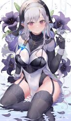 Rule 34 | 1girl, absurdres, amahara subaru, black thighhighs, blush, breasts, covered navel, elbow gloves, flower, garter straps, gloves, grey hair, habit, halo, highres, large breasts, leotard, leotard under clothes, long hair, looking at viewer, nun, original, partially submerged, pointy ears, red eyes, see-through, simple background, solo, thighhighs, water, waterfall, wet, wet clothes