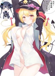 Rule 34 | 2girls, armband, arms up, black coat, black dress, black hair, black hat, blonde hair, blue archive, breasts, chibi, china dress, chinese clothes, closed mouth, coat, commentary request, double bun, dress, hair bun, halo, hat, highres, ibuki (blue archive), kisaki (blue archive), large breasts, long hair, long sleeves, looking at viewer, multiple girls, naked shirt, navel, nironiro (qlcfud), no panties, open clothes, open coat, red armband, shirt, simple background, smile, speech bubble, translation request, twintails, white background, yellow eyes, yellow halo