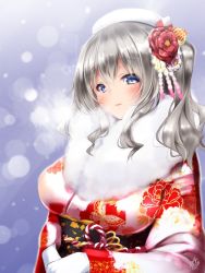 Rule 34 | 10s, 1girl, alternate costume, bad id, bad twitter id, blue eyes, blush, breasts, female focus, floral print, flower, fur, gloves, hair flower, hair ornament, hat, japanese clothes, kantai collection, kashima (kancolle), kimono, large breasts, long hair, long sleeves, midoriiro no shinzou, signature, silver hair, snow, snowing, solo, sparkle, tsurime, twintails, wavy hair, white gloves, yukata