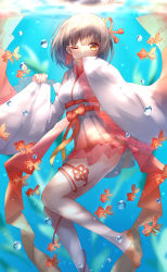 Rule 34 | 1girl, absurdres, air bubble, animal, bare shoulders, barefoot, blurry, blurry background, bow, brown eyes, brown hair, bubble, commentary request, covered mouth, day, depth of field, detached sleeves, fingernails, fish, goldfish, hair ribbon, hakama, hakama short skirt, hakama skirt, highres, japanese clothes, kimono, long hair, long sleeves, one eye closed, orange ribbon, original, outdoors, personification, pinching sleeves, pleated skirt, red bow, red skirt, ribbon, see-through, short kimono, skirt, sleeveless, sleeveless kimono, sll, solo, underwater, white kimono, wide sleeves