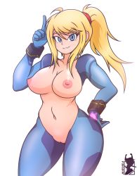 Rule 34 | 1girl, absurdres, adapted costume, artist name, blonde hair, blue eyes, bodysuit, breasts, breasts out, curvy, eyebrows, functionally nude, grin, hand on own hip, highres, large breasts, long hair, looking at viewer, maishida, metroid, navel, nintendo, nipples, ponytail, pussy, samus aran, smile, solo, uncensored, white background, wide hips, zero suit