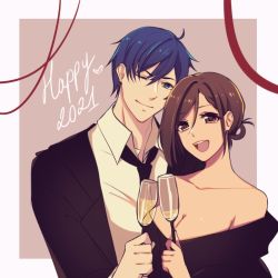 Rule 34 | 1boy, 1girl, 2021, bare shoulders, black dress, black neckwear, black suit, blue eyes, blue hair, breasts, brown eyes, brown hair, champagne flute, cleavage, collarbone, commentary, cup, dress, drinking glass, english commentary, formal, happy new year, holding, holding cup, kaito (vocaloid), looking at viewer, meiko (vocaloid), necktie, new year, off-shoulder dress, off shoulder, one eye closed, open mouth, ribbon, shirt, smile, strapless, strapless dress, suit, upper body, vocaloid, white shirt, yen-mi
