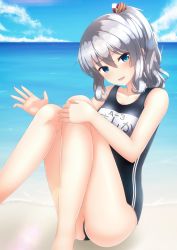 Rule 34 | 10s, 1girl, alternate hairstyle, barefoot, beach, blue eyes, blue one-piece swimsuit, day, highres, kantai collection, kashima (kancolle), name tag, one-piece swimsuit, outdoors, ponytail, school swimsuit, shirasawa kazane, silver hair, sitting, solo, swimsuit, tsurime, waving, wavy hair