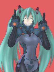 Rule 34 | 1girl, bodysuit, braid, breasts, crossover, female focus, green eyes, green hair, hair ornament, hair ribbon, happy, hatsune miku, highres, long hair, looking at viewer, middle finger, muv-luv, muv-luv alternative, ribbon, simple background, smile, transvaal (artist), twintails, vocaloid