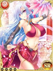 Rule 34 | 1girl, aqua hair, bare shoulders, breasts, center opening, cleavage, elbow gloves, hand fan, flower, gloves, hair ornament, jewelry, koihime musou, large breasts, long hair, looking at viewer, midriff, mole, purple eyes, shin koihime musou, smile, solo, teifu tokubou