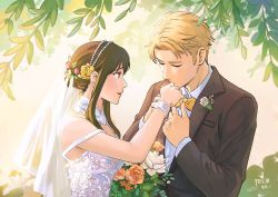 Rule 34 | 1boy, 1girl, artist name, bare arms, bare shoulders, black hair, black suit, blonde hair, bouquet, boutonniere, bow, bowtie, bridal veil, collared shirt, commentary, dress, english commentary, closed eyes, felia hanakata, flower, formal, hair flower, hair ornament, holding, holding bouquet, husband and wife, kiss, kissing hand, long sleeves, parted lips, red eyes, shirt, short hair, sidelocks, spy x family, standing, suit, traditional bowtie, twilight (spy x family), veil, wedding, wedding dress, white dress, white shirt, yellow bow, yellow bowtie, yor briar