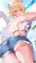 Rule 34 | 1girl, ass, bare arms, bare shoulders, bikini, black bikini, blonde hair, blue shorts, blush, breasts, commentary request, flower, from behind, genshin impact, hair flower, hair ornament, highres, innertube, large breasts, looking at viewer, looking back, lumine (genshin impact), lying, medium hair, ocean, on stomach, outdoors, parted lips, shiben (ugvu5784), short shorts, shorts, smile, swim ring, swimsuit, thighs, water, yellow eyes