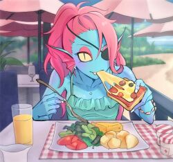 Rule 34 | 1girl, blue skin, blush, bread, bread slice, colored skin, eating, eyepatch, fang, fish ears, food, fork, glass, jewelry, juice, lettuce, necklace, noah (tettsui-sole), pizza, potato, pov, red hair, salad, smile, source request, table, tomato, umbrella, undertale, undyne