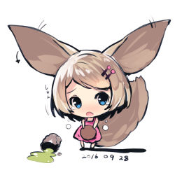 Rule 34 | 1girl, :o, animal ears, arrow (symbol), bare arms, barefoot, blue eyes, blush, chibi, crying, cup, dated, dress, fox ears, fox girl, fox tail, green tea, hair ornament, hairclip, holding, holding tray, light brown hair, nose blush, open mouth, original, pink dress, short hair, sleeveless, sleeveless dress, solo, spill, standing, tail, tea, tears, tray, white background, yunomi, yuuji (yukimimi)