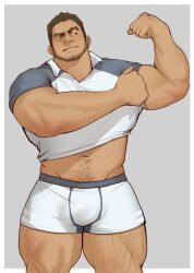 Rule 34 | 1boy, bara, beard stubble, biceps, boxers, bulge, facial hair, feet out of frame, flexing, highres, lifted by self, male focus, male underwear, mature male, midriff peek, muscular, muscular male, navel, navel hair, original, short hair, solo, standing, strongman waist, stubble, thick eyebrows, thick thighs, thighs, underwear, weisun (leoooliooon), white male underwear