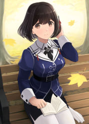 Rule 34 | 1girl, autumn, autumn leaves, belt, bench, black belt, black hair, black skirt, book, breasts, brown eyes, closed mouth, gloves, unworn gloves, haguro (kancolle), hair ornament, jacket, kantai collection, large breasts, leaf, long sleeves, maple leaf, military, military uniform, open book, pantyhose, pencil skirt, purple jacket, short hair, sitting, skirt, smile, solo, tomoyo kai, uniform, white gloves, white pantyhose