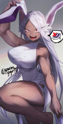 Rule 34 | 1girl, absurdres, animal ears, arm up, bare arms, bare legs, bare shoulders, boku no hero academia, breasts, collarbone, dark-skinned female, dark skin, dress, foot out of frame, high heels, highres, holding, holding clothes, holding footwear, knee up, large breasts, long eyelashes, long hair, looking at viewer, mirko, nail polish, open mouth, parted bangs, rabbit ears, rabbit girl, rabbit tail, raised eyebrow, red eyes, red nails, sleeveless turtleneck dress, solo, speech bubble, standing, standing on one leg, tail, teeth, thighs, toned, torn clothes, torn dress, twitter username, uneven eyes, veins, very long hair, white dress, white footwear, white hair, yamamayuga472