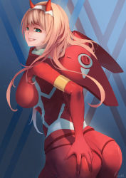 Rule 34 | 10s, 1girl, absurdres, ass, ass grab, bodysuit, breasts, darling in the franxx, deep skin, green eyes, hairband, highres, horns, kuei, large breasts, long hair, looking at viewer, open mouth, pink hair, red bodysuit, shiny clothes, sideboob, smile, solo, tongue, tongue out, zero two (darling in the franxx)