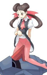 Rule 34 | 1girl, black dress, blush, breasts, brown hair, clothes lift, creatures (company), crotch rub, dress, dress lift, female focus, game freak, gen 3 pokemon, hair ornament, hand up, highres, lifted by self, looking down, lying, necktie, nintendo, no panties, nosepass, on back, pantyhose, parted lips, pikopiko suru yatsu, pixiv id, pokemon, pokemon (creature), pokemon oras, puffy short sleeves, puffy sleeves, pussy, red eyes, red neckwear, red pantyhose, roxanne (pokemon), see-through, shirt, short sleeves, signature, simple background, small breasts, straddling, teeth, twintails, uncensored, white background, white shirt