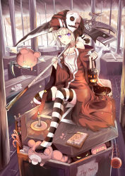 Rule 34 | 10s, 1girl, ange vierge, bakatesu59, candle, candy, candy cane, clipboard, coffin, flower, food, hat, lantern, looking at viewer, nightcap, original, purple eyes, robe, scythe, short hair, silver hair, stepped on, striped clothes, striped thighhighs, stuffed animal, stuffed toy, teddy bear, thighhighs