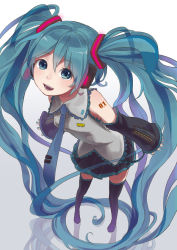 Rule 34 | 1girl, aqua eyes, aqua hair, detached sleeves, female focus, from above, full body, gradient background, hatsune miku, headphones, long hair, necktie, open mouth, sheep sleep, simple background, skirt, smile, solo, thighhighs, twintails, very long hair, vocaloid, white background, zettai ryouiki