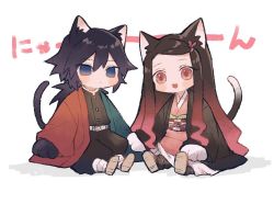 Rule 34 | 1boy, 1girl, :3, :d, animal ear fluff, animal ears, animal hands, bad id, bad pixiv id, black gloves, black hair, black jacket, black pants, blue eyes, blush, brown hair, cat boy, cat ears, cat girl, cat tail, checkered sash, closed mouth, coyucom, forehead, gloves, gradient hair, hair between eyes, hair ribbon, jacket, japanese clothes, kamado nezuko, kemonomimi mode, kimetsu no yaiba, kimono, long hair, long sleeves, low ponytail, multicolored hair, obi, open clothes, open mouth, pants, parted bangs, paw gloves, pink eyes, pink kimono, pink ribbon, ponytail, puffy pants, red hair, ribbon, sash, shadow, shoe soles, sitting, sleeves past wrists, smile, tail, tomioka giyuu, translation request, very long hair, white background, white gloves