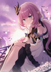 Rule 34 | 1girl, absurdres, alternate costume, bare legs, bare shoulders, bird, blue eyes, breasts, closed mouth, dress, elf, elysia (honkai impact), elysia (miss pink elf) (honkai impact), flower, guzangnanfeng, hair between eyes, hair ornament, highres, honkai (series), honkai impact 3rd, long hair, looking at viewer, outdoors, pink hair, pink sky, pointy ears, sky, too many, too many birds, white dress, white flower