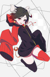 Rule 34 | 1girl, :d, asymmetrical footwear, black hair, black jacket, black thighhighs, blush, curled horns, demon girl, demon horns, demon tail, drawstring, fang, full body, grey background, highres, hood, hood down, hooded jacket, horns, jacket, long sleeves, looking at viewer, mismatched footwear, no shoes, open mouth, original, purple eyes, ratsuku kinoko, red thighhighs, sleeves past fingers, sleeves past wrists, smile, solo, tail, thighhighs, v-shaped eyebrows