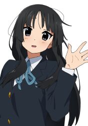 1girl absurdres akiyama_mio black_hair blazer blue_jacket blue_ribbon blush grey_eyes highres hime_cut jacket k-on! kicchi_(tmgk) long_hair looking_at_viewer open_mouth ribbon sakuragaoka_high_school_uniform school_uniform shirt solo upper_body waving white_background white_shirt