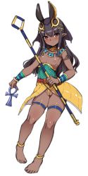 Rule 34 | 1girl, :c, absurdres, animal ears, ankh, anklet, arm tattoo, barefoot, belt, belt buckle, black hair, blush, bracer, breasts, buckle, cameltoe, cleft of venus, closed mouth, collarbone, commentary request, dark-skinned female, dark skin, egyptian, egyptian clothes, full body, gold trim, hair between eyes, harem outfit, harigane shinshi, high-waist skirt, highres, holding, holding scepter, jackal ears, jewelry, long hair, looking at viewer, neck ring, necklace, nipples, nose blush, original, panties, pointy ears, pussy, red belt, red eyes, scepter, shiny clothes, shiny skin, sidelocks, simple background, skindentation, skirt, slit pupils, small breasts, solo, standing, tattoo, thighlet, uncensored, underwear, veil, wedgie, white background, yellow panties