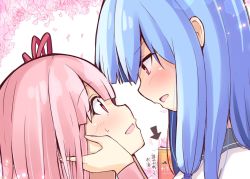 Rule 34 | blue hair, blush, eye contact, face-to-face, hands on another&#039;s face, imminent kiss, incest, kotonoha akane, kotonoha aoi, long hair, looking at another, ominaeshi (takenoko), open mouth, pink hair, ribbon, siblings, sisters, smile, voiceroid, yuri