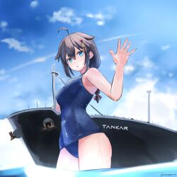 Rule 34 | 1girl, absurdres, ahoge, black hair, blue eyes, blue one-piece swimsuit, blue sky, braid, cloud, covered navel, day, giant, giantess, hair flaps, highres, kantai collection, long hair, looking at viewer, natsukaze shigure, one-piece swimsuit, outdoors, school swimsuit, shigure (kancolle), ship, single braid, sky, solo, swimsuit, wading, water, watercraft, waving, wet, wet clothes, wet swimsuit