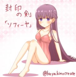 Rule 34 | 1girl, absurdly long hair, arm support, artist request, babydoll, bad id, bad pixiv id, blush, breasts, cleavage, fire emblem, fire emblem: the binding blade, full body, lingerie, long hair, medium breasts, nintendo, panties, pantyshot, pink panties, purple eyes, purple hair, sitting, sleeveless, solo, sophia (fire emblem), translation request, twitter username, underwear, underwear only, very long hair