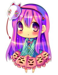 Rule 34 | 1girl, :x, blush, bow, bubble skirt, chibi, chocolat (momoiro piano), fox mask, hata no kokoro, long hair, long sleeves, looking at viewer, mask, mouth mask, pink eyes, pink hair, plaid, plaid shirt, shirt, simple background, skirt, solo, touhou, unmoving pattern, v arms, very long hair, white background, wide sleeves