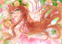 Rule 34 | 1girl, ahoge, alternate costume, blurry, blush, bouquet, braid, bridal veil, brown hair, chogi, church, commentary, confetti, crying, crying with eyes open, depth of field, dress, english commentary, eyelashes, floating hair, flower, flower wreath, hands up, happy, head wreath, holding, holding bouquet, indoors, kanbe kotori, long hair, looking at viewer, open mouth, pink dress, pink flower, pink rose, rewrite, rose, short sleeves, smile, solo, tears, twin braids, upper body, veil, very long hair, wavy hair, wedding, wedding dress, yellow flower, yellow rose