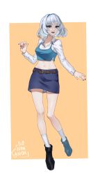 Rule 34 | 1girl, absurdres, alternate costume, anon non (artist), artist name, belt, black footwear, blue eyes, blue skirt, boots, border, breasts, brown belt, collared shirt, commentary, cropped shirt, english commentary, full body, gift art, grey hair, highres, kamishiro rita, looking at viewer, medium breasts, midriff, navel, open mouth, orange background, platform boots, platform footwear, prism project, shirt, short hair, skirt, smile, socks, solo, virtual youtuber, white border, white shirt, white socks