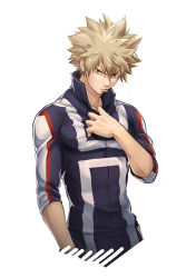 Rule 34 | 10s, 1boy, bad id, bad pixiv id, bakugou katsuki, blonde hair, boku no hero academia, gym uniform, lips, looking at viewer, male focus, pout, red eyes, simple background, solo, spiked hair, upper body, wewomnanana, white background, white theme
