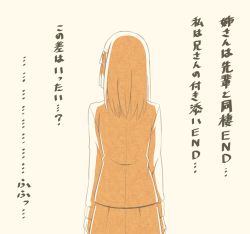 Rule 34 | 1girl, back, comic, commentary request, fate/stay night, fate (series), from behind, hair ornament, hair ribbon, matou sakura, monochrome, orange theme, ribbon, simple background, solo, translation request, tsukumo (soar99)