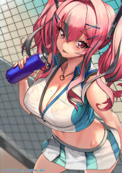 Rule 34 | 1girl, azur lane, bare shoulders, bottle, bow, breasts, bremerton (azur lane), bremerton (scorching-hot training) (azur lane), chain-link fence, commentary request, crop top, crop top overhang, crossed bangs, fence, from above, grey hair, hair between eyes, hair bow, hair ornament, hairclip, heart, heart necklace, highres, jewelry, large breasts, long hair, mole, mole on breast, mole under eye, multicolored hair, necklace, ninnin (shishitou), pink hair, see-through, solo, sportswear, streaked hair, tennis uniform, tongue, tongue out, twintails, two-tone hair, two-tone shirt, two-tone skirt, water bottle, x hair ornament