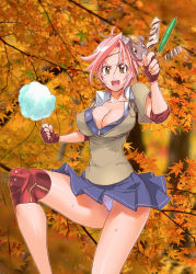 Rule 34 | 1girl, autumn leaves, breasts, cleavage, cotton candy, fingerless gloves, gloves, highres, huge breasts, knee pads, panties, pantyshot, photo background, pink hair, satou shouji, single knee pad, skirt, solo, sweat, underwear, unzipped, upskirt, v-shaped eyebrows