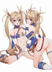Rule 34 | 2girls, absurdres, arched back, armor, ass, bad id, bad pixiv id, bare shoulders, bikini armor, blonde hair, blue eyes, blush, boots, bradamante (fate), bradamante (first ascension) (fate), bradamante (third ascension) (fate), braid, breasts, cameltoe, cleavage, clone, commentary request, covered erect nipples, criss-cross halter, crown braid, dual persona, elbow gloves, fate/grand order, fate (series), faulds, feet out of frame, gloves, gluteal fold, groin, hair between eyes, halterneck, hand gesture, highleg, highres, knee boots, long hair, looking at viewer, looking back, medium breasts, multiple girls, navel, new970, open mouth, pulled by self, revision, sidelocks, simple background, sitting, spread legs, stomach, strap pull, thigh strap, twintails, v, wariza, white background, white gloves