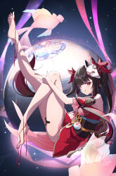1girl absurdres applying_pedicure bare_shoulders barefoot bell black_choker breasts brown_hair choker dress feet feibai fox_mask highres honkai:_star_rail honkai_(series) legs long_hair looking_at_viewer mask mask_on_head nail_polish neck_bell pink_eyes red_dress smile soles solo sparkle_(honkai:_star_rail) spread_toes thighs toenail_polish toenails toes twintails