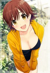 Rule 34 | 1girl, :d, absurdres, black dress, breasts, brown hair, cardigan, cleavage, collarbone, cowboy shot, dress, flipped hair, hands in pockets, highres, honda mio, hood, hooded sweater, idolmaster, idolmaster cinderella girls, large breasts, looking at viewer, open cardigan, open clothes, open mouth, photo background, popon ta, short hair, smile, solo, sweater, yellow sweater