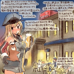 Rule 34 | 10s, 3girls, admiral (kancolle), alcohol, animal, beer, beer mug, bismarck (kancolle), blonde hair, blue eyes, commentary request, cup, dated, hamster, hat, holding, holding cup, kantai collection, kirin (company), kirisawa juuzou, long hair, mug, multiple girls, non-human admiral (kancolle), peaked cap, pink hair, silver hair, solo focus, traditional media, translation request, twitter username, uniform, z1 leberecht maass (kancolle), z3 max schultz (kancolle)